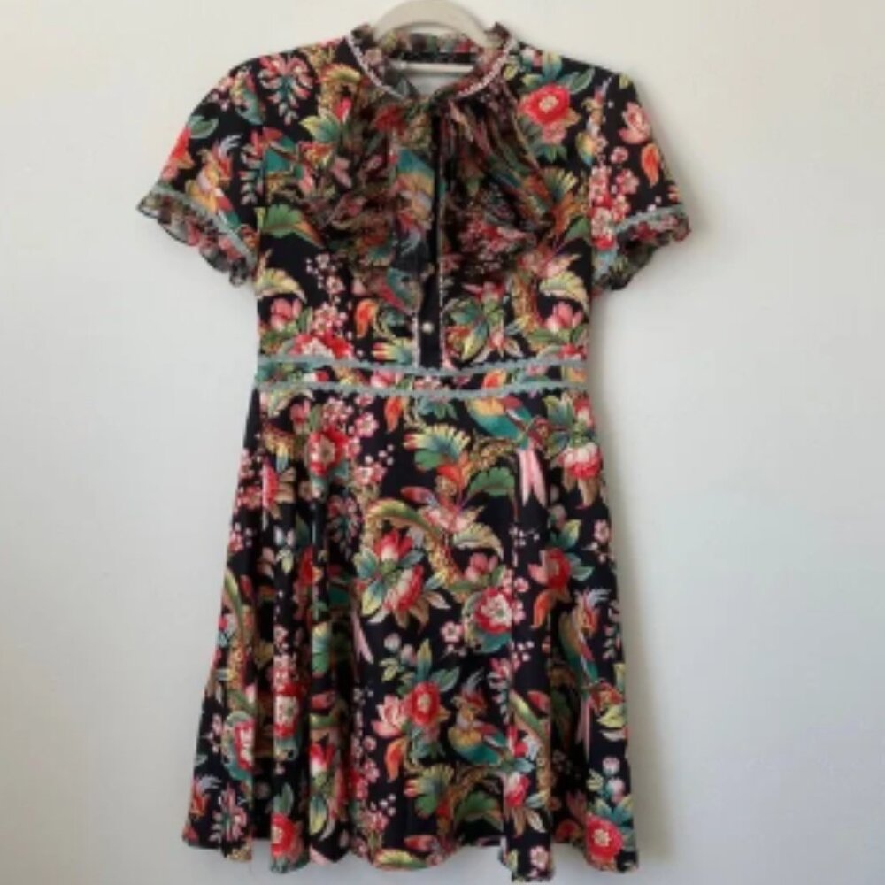 Dalia Macphee Black Floral Printed Mini Dress Size: M